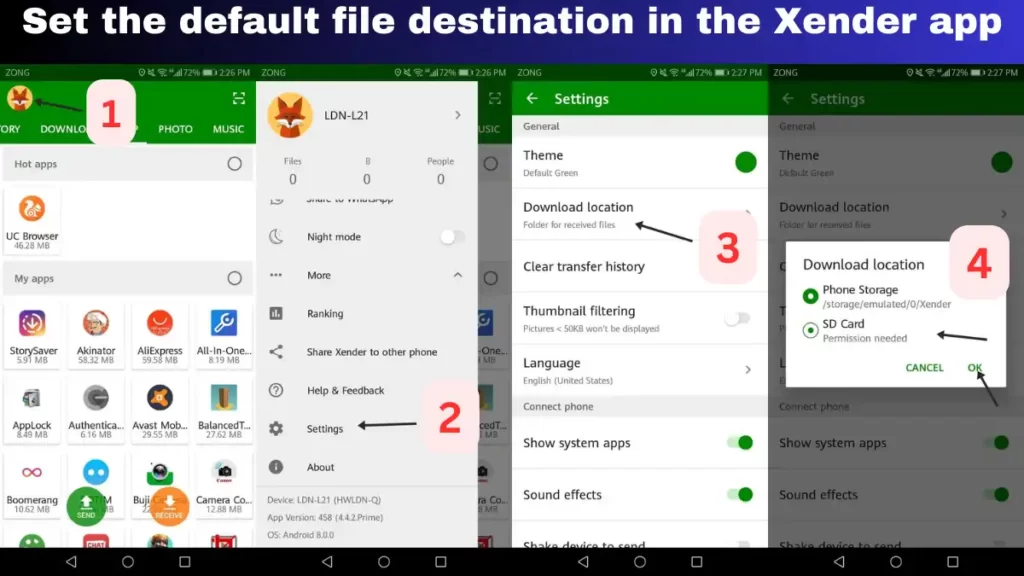 Set the default file destination in the Xender app